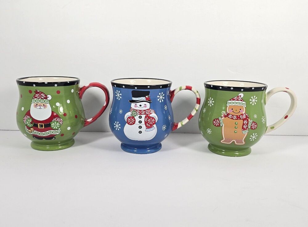 Set of 3 Temptations Christmas Winter Whimsy Mugs Santa Snowman Gingerbread 16oz